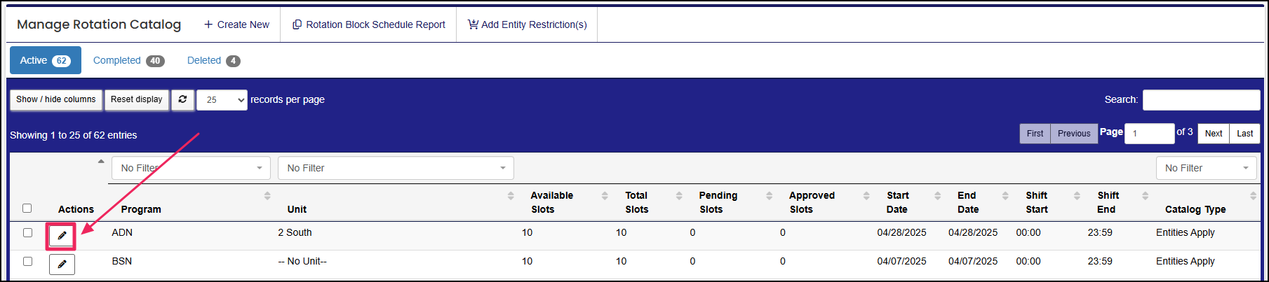 Manage rotation catalog table highlighting the "Edit" button.