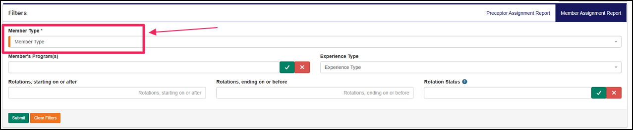 Member Assignment Report filter options highlighting Member Type field.