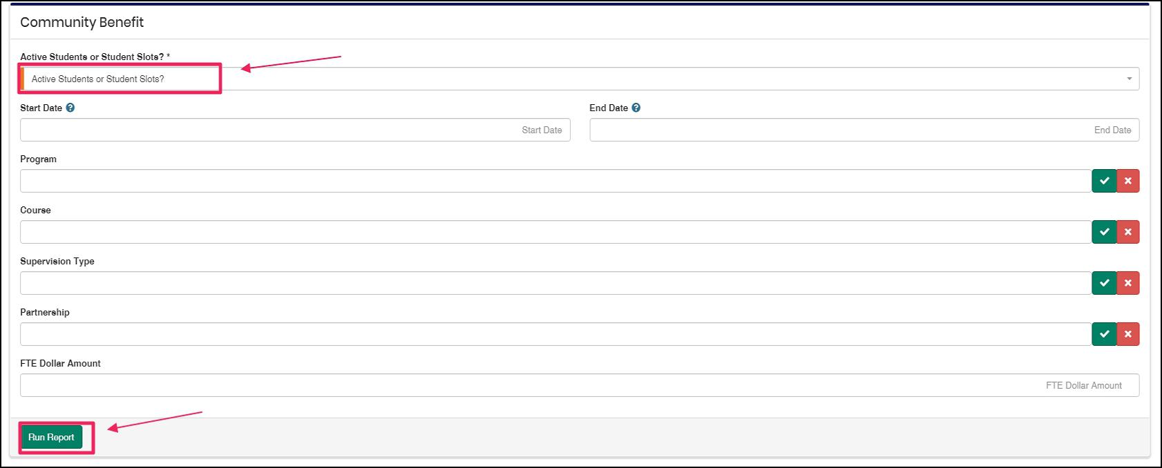 Community Benefit report options form highlighting Active or Students Slots selector and Run Report button.