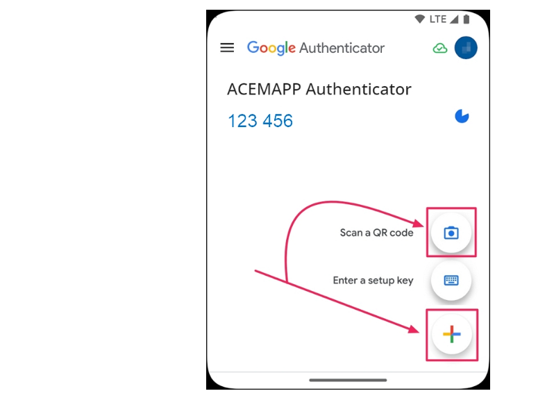 Google Authenticator app with QR code scan button and example code.