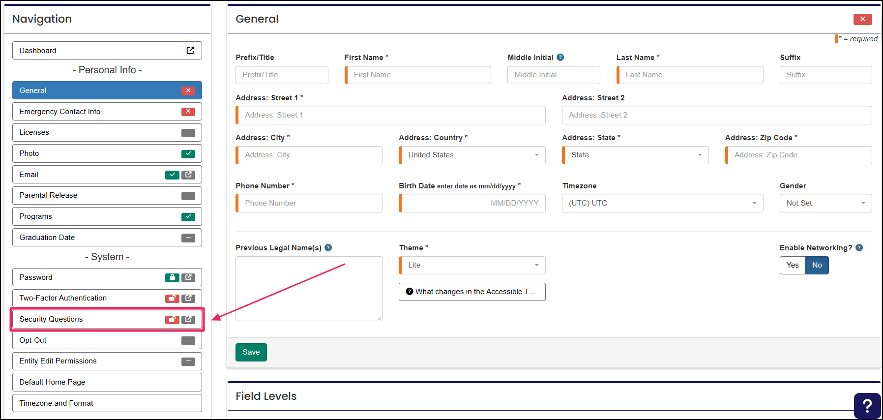 Profile area highlighting the security questions tab.