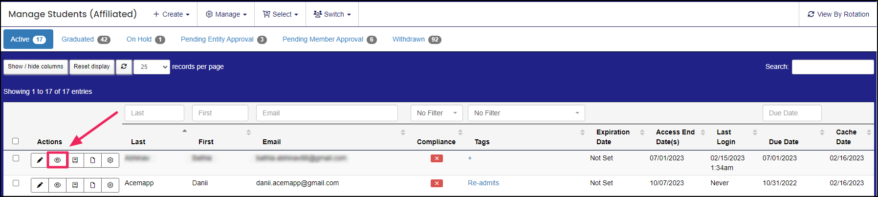 Manage Students (Affiliated) table with an arrow pointing to the eye icon.