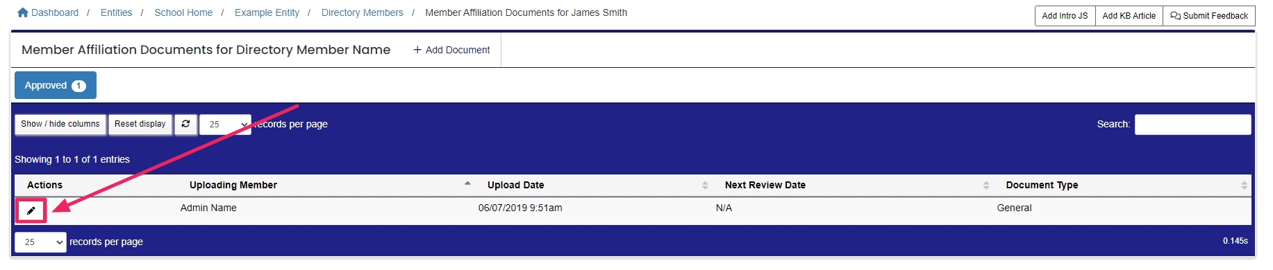 Document table highlighting Edit button.