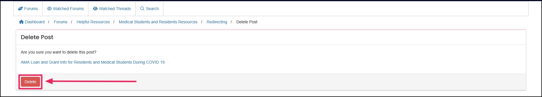 Delete post confirmation page highlighting Delete button.