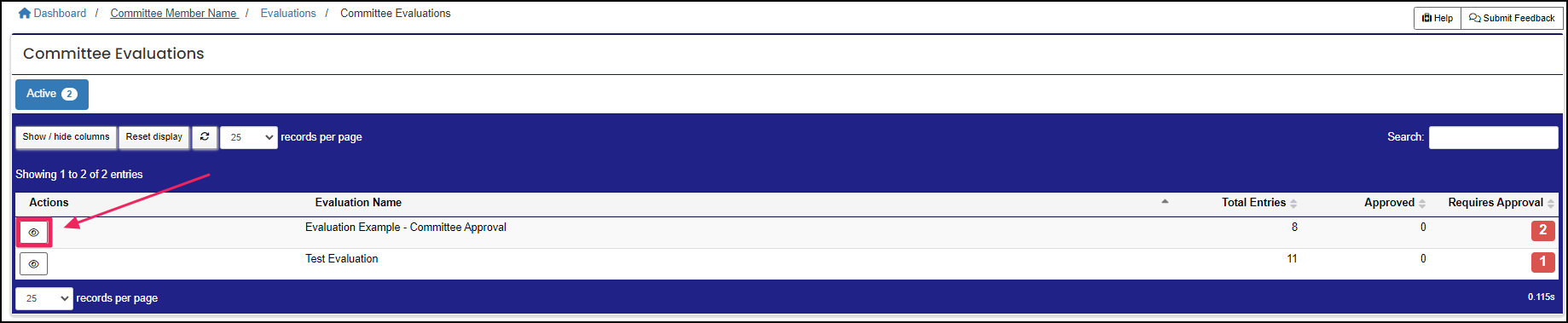 Committee evaluations table highlighting the view button.