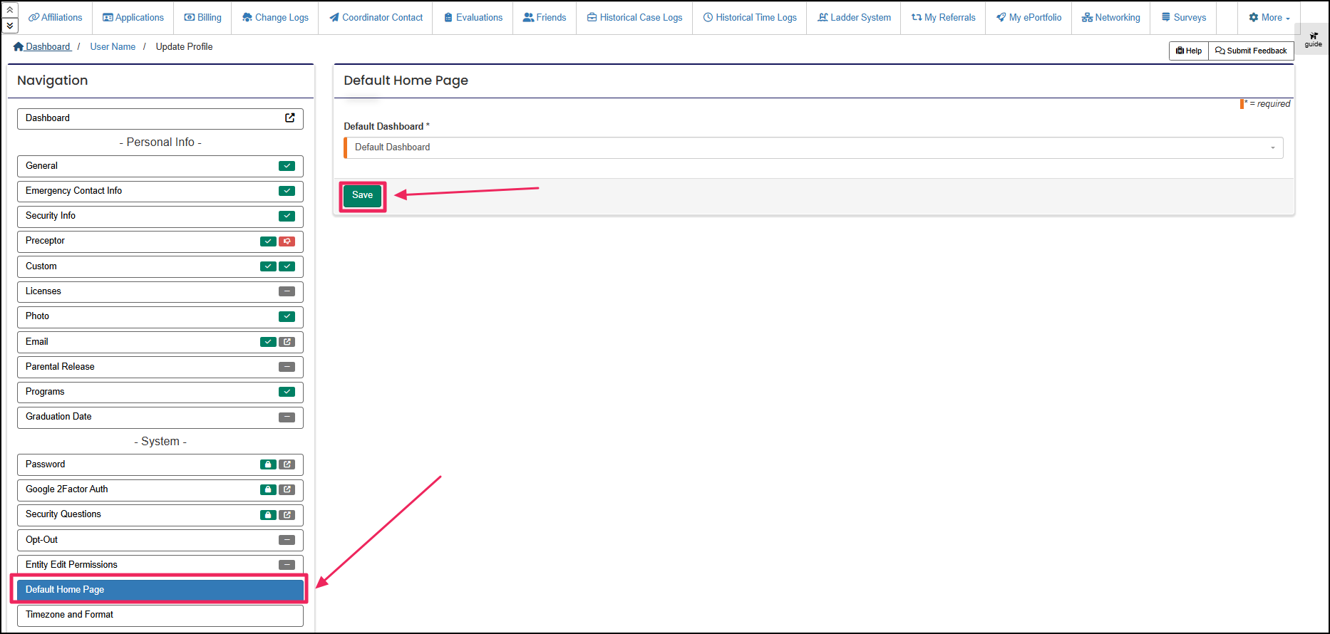 Screenshot of member profile showing the default home page tab and save button.