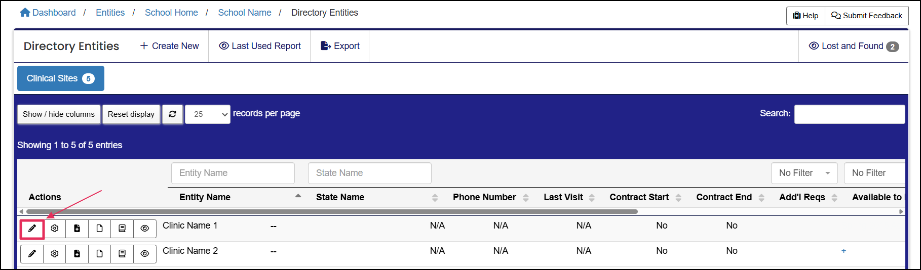 Directory Entities table highlighting Edit button.