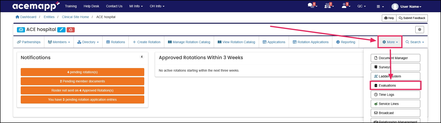 User home screen highlighting More and Evaluations buttons.