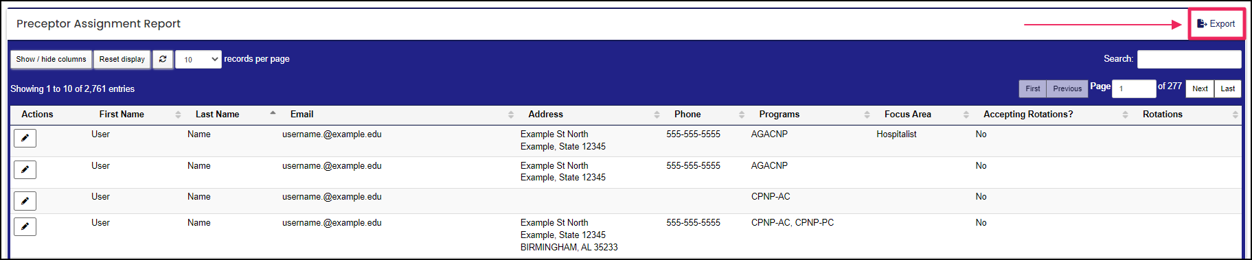 Results section pointing to export button.