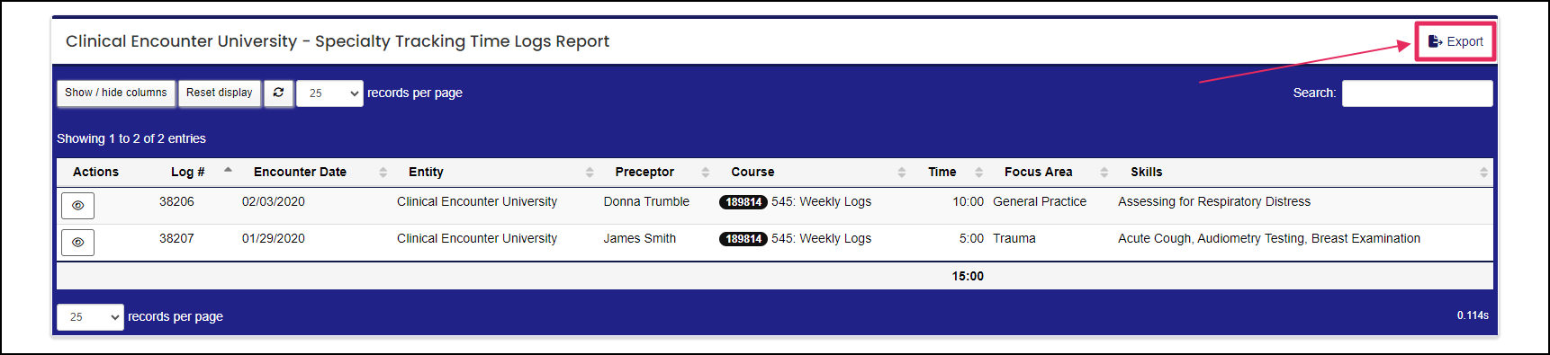 Time Logs Report Results highlighting the Export button.