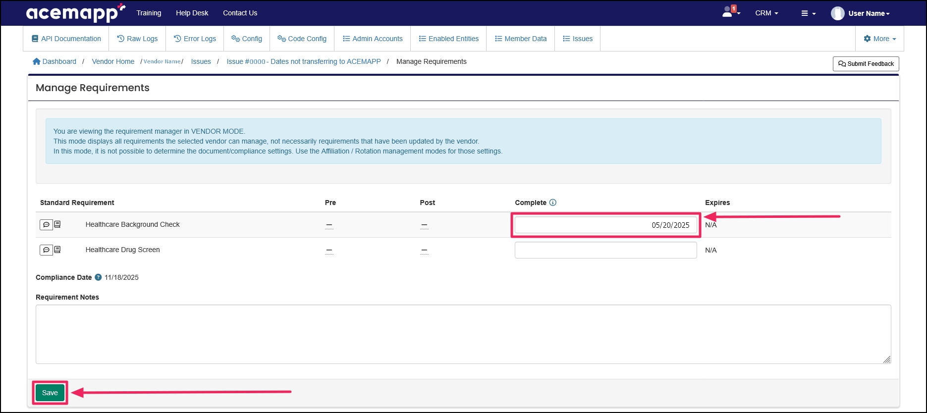 Manage Requirements screen highlighting date field and save button.
