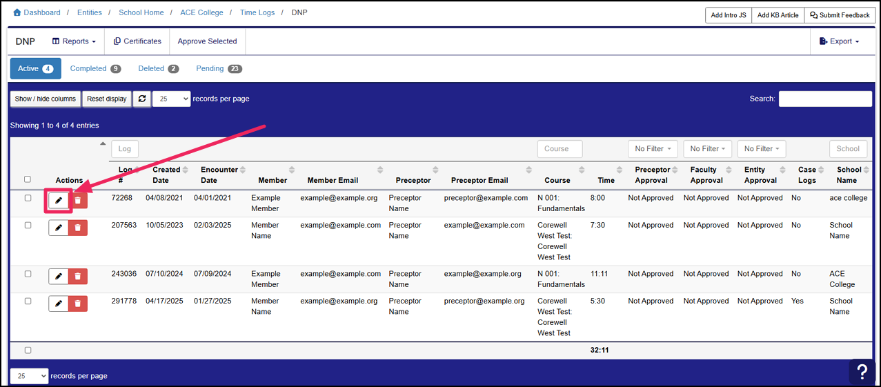 Time log table highlighting Edit button.