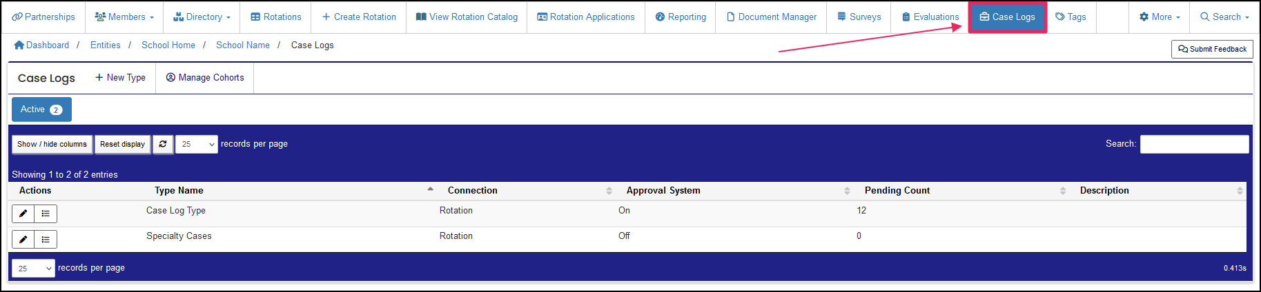 Case Logs table highlighting Case Logs in upper nav bar.