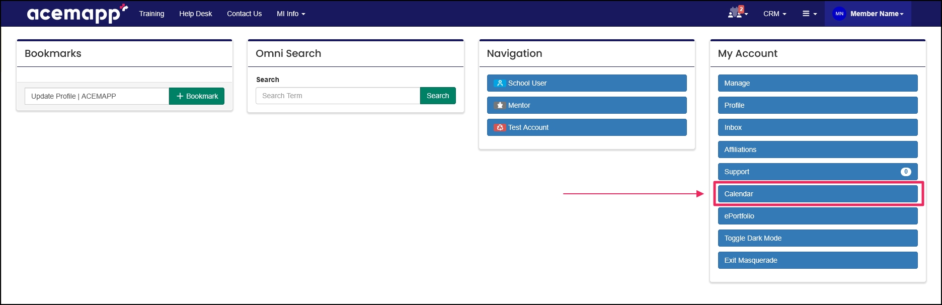 Calendar option in drop-down menu.
