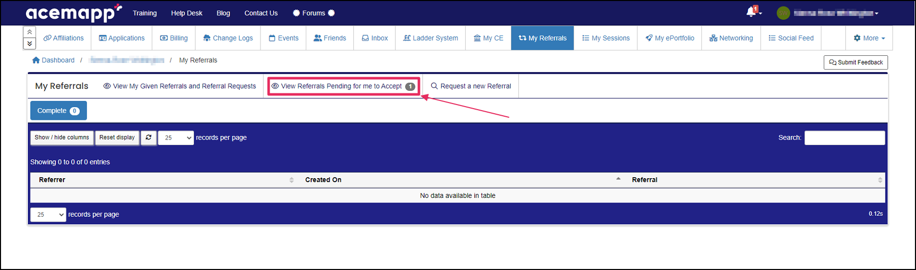 My referrals page highlighting View Referrals Pending button.