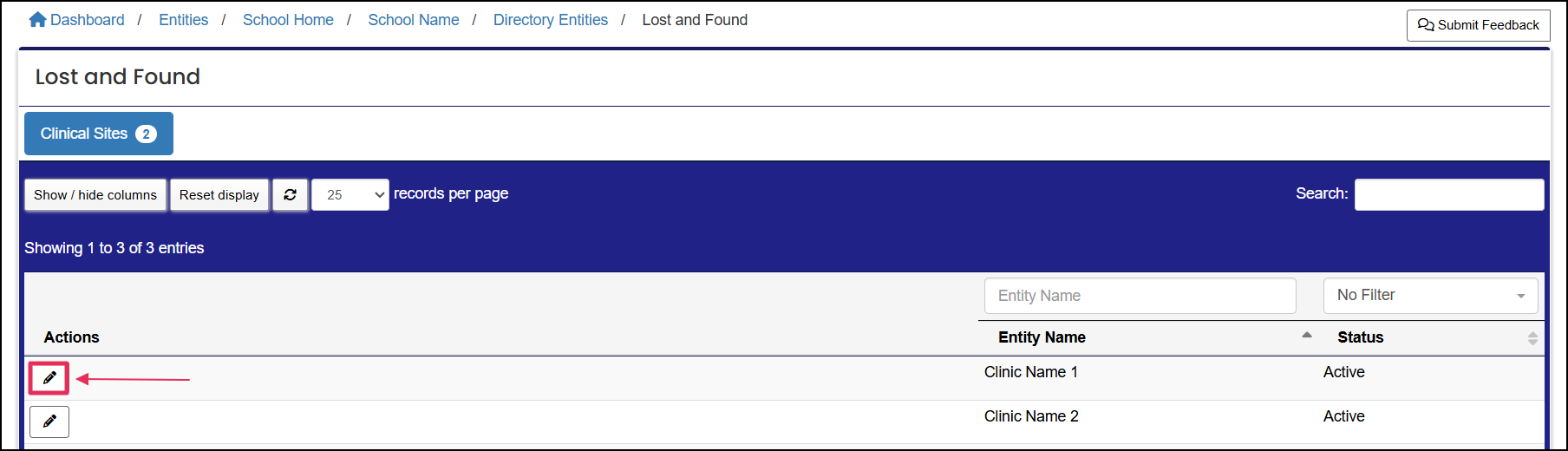 Lost and Found table highlighting the Edit button.