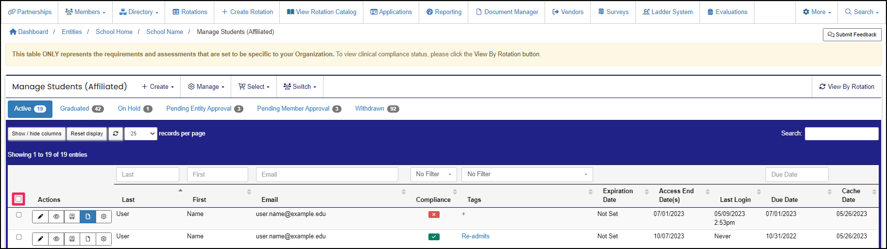 Manage Students table example highlighting Select All checkbox.