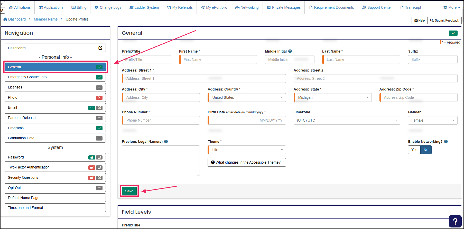 General tab of profile highlighting the save button.