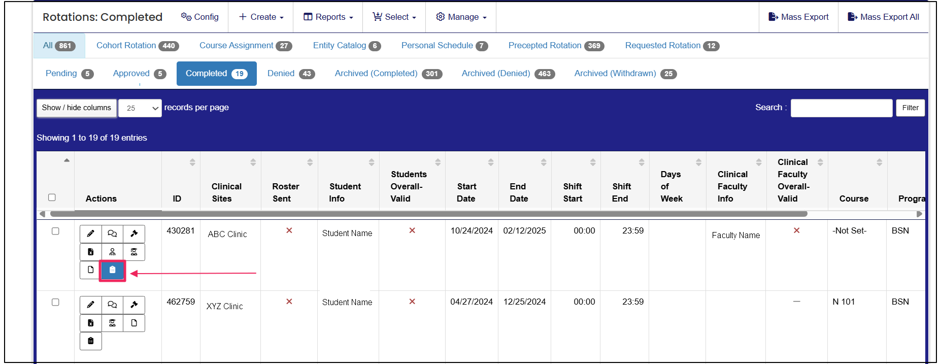 Rotations table highlighting blue evaluations icon under the actions column