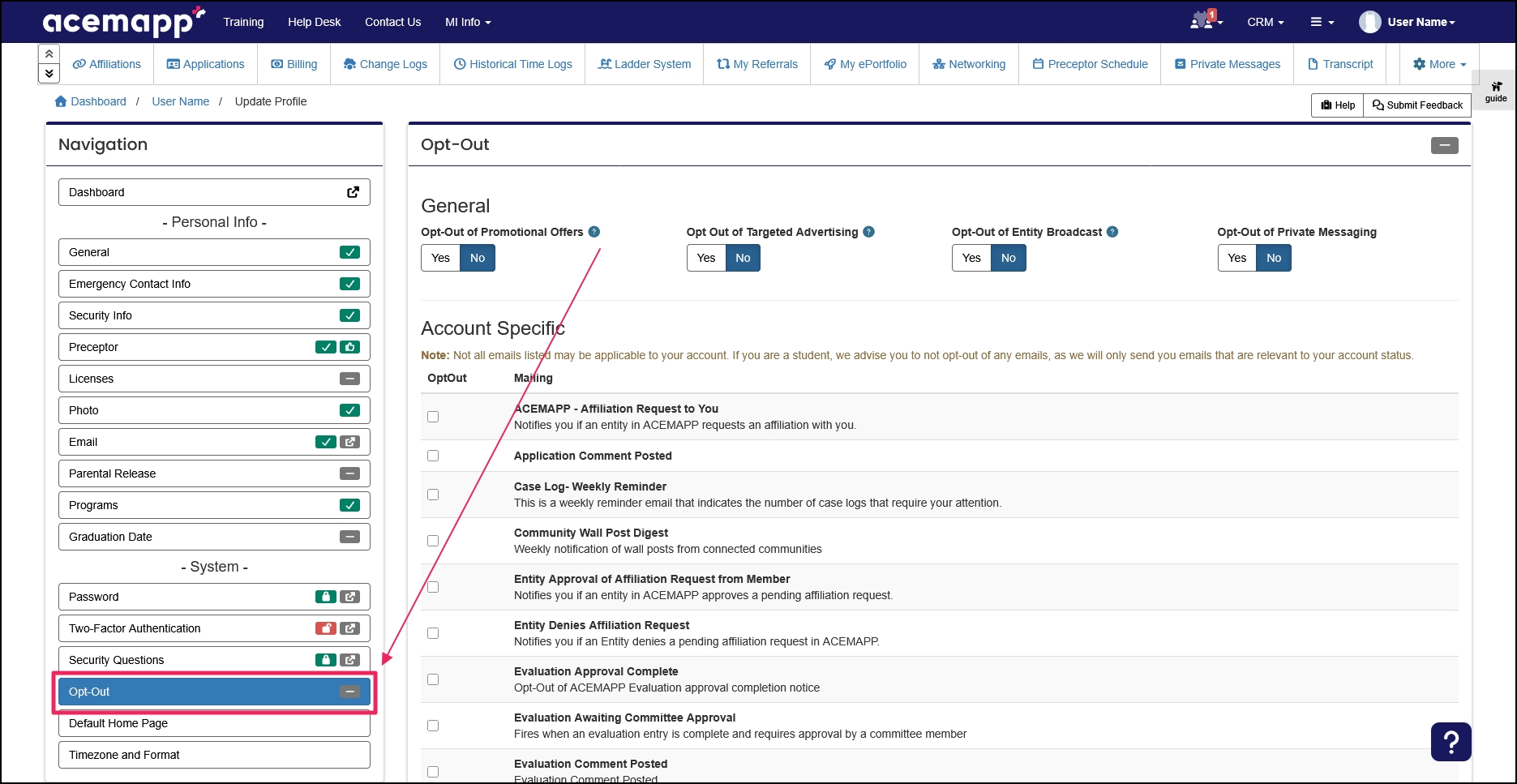 Members profile page highlighting Opt-out navigation button.