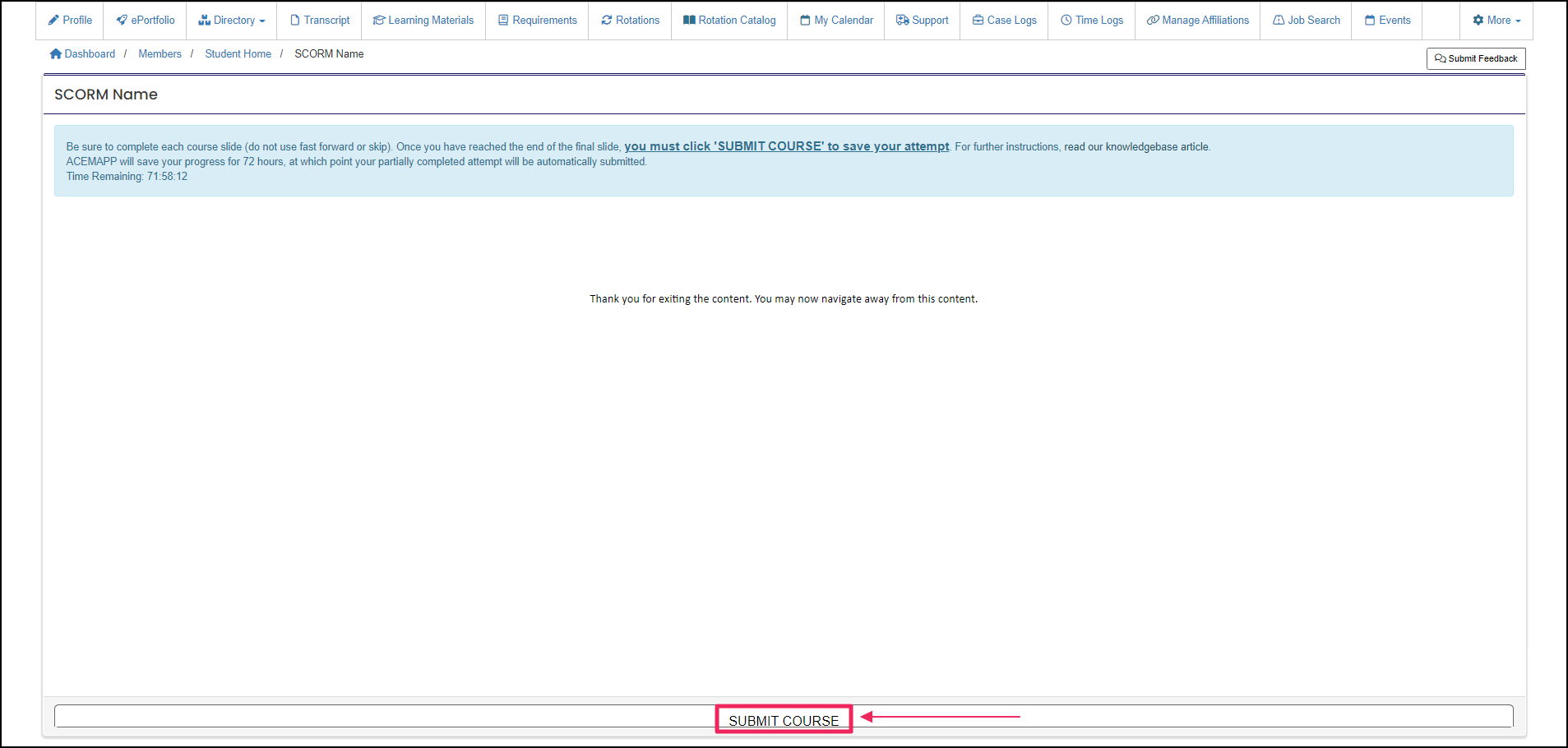 SCORM load screen highlighting Submit Course button.