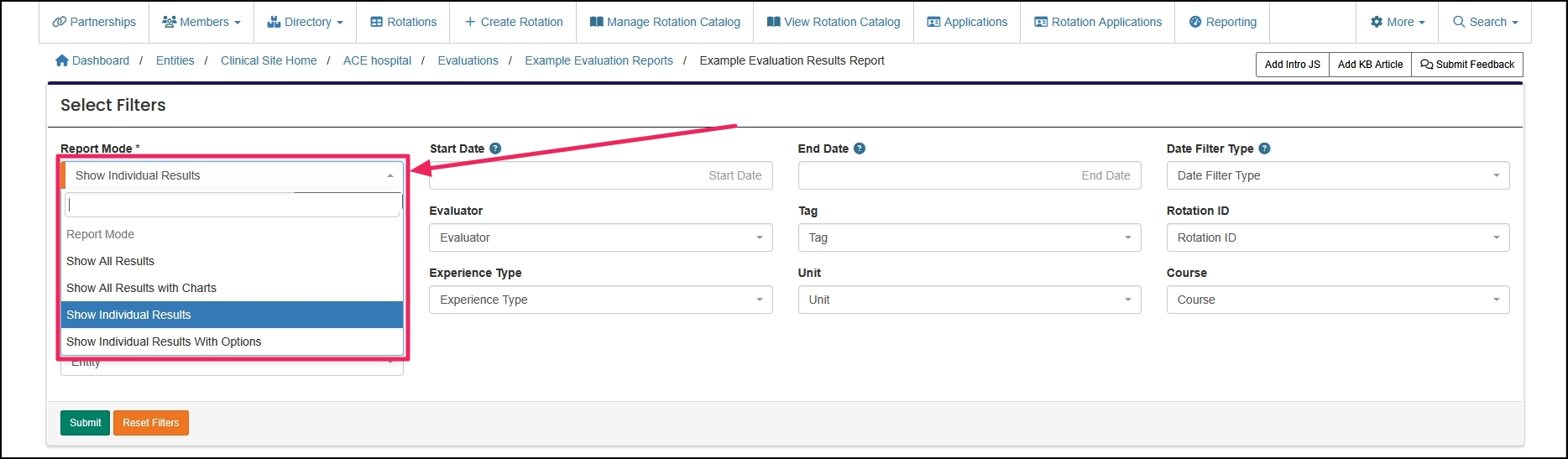 Evaluations Results Report filter options highlighting Report Mode type selector.