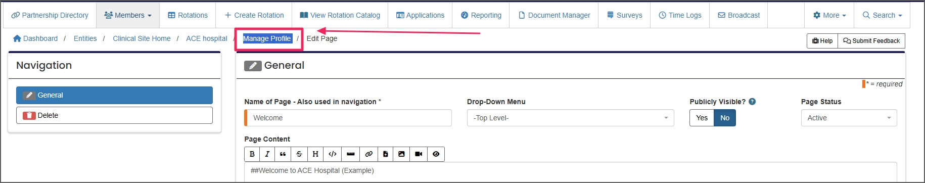 Breadcrumb link to return to Manage Profile
