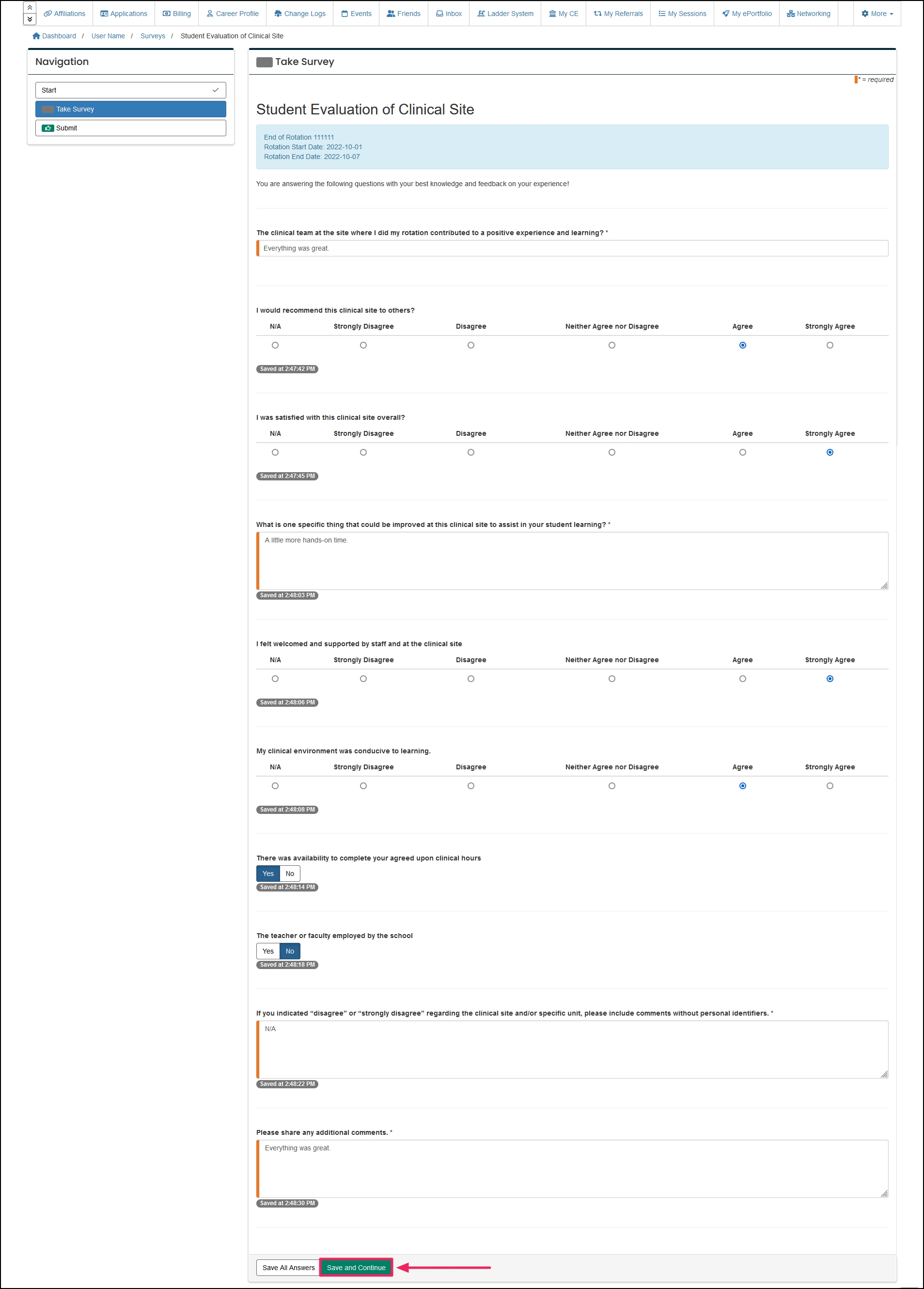 Save button and navigation table for survey questions in the survey tab.