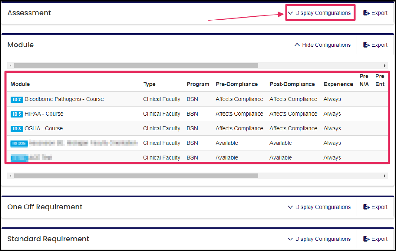 Member Rotation Requirement report results example highlighting Display Configurations button and Module configuration.