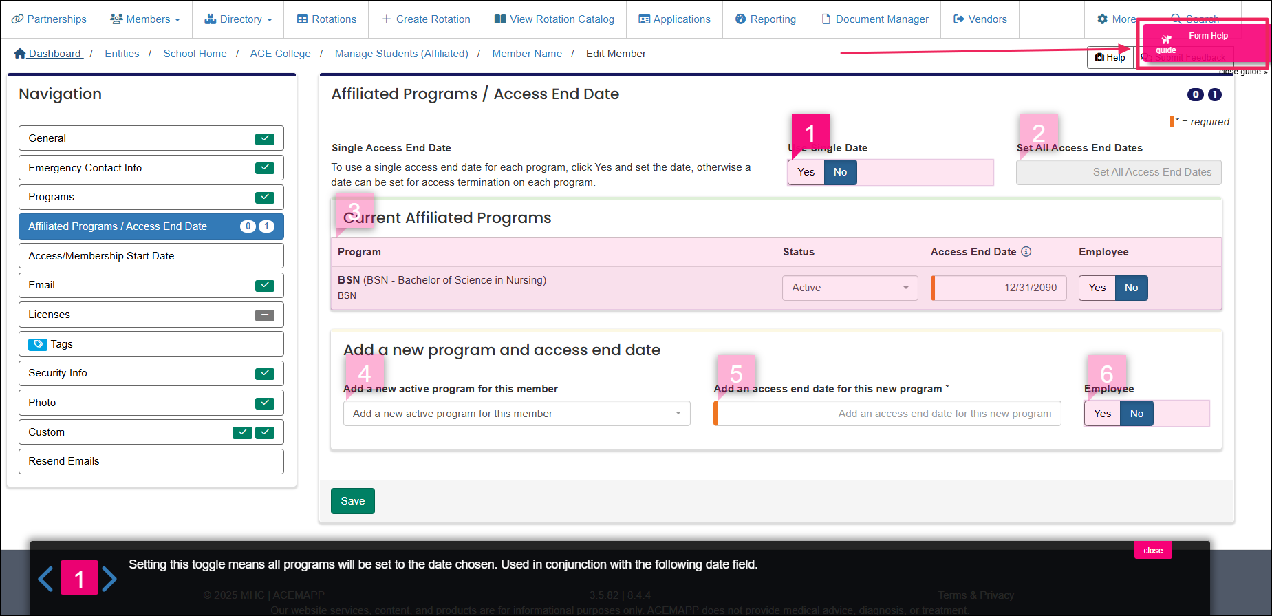 Screenshot of form page with form guide help button.