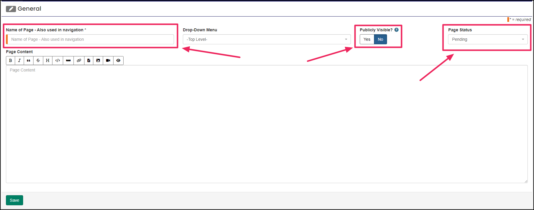 CMS Config form highlighting Name of Pag field, Publicly Visible toggle, and Page Status selector.