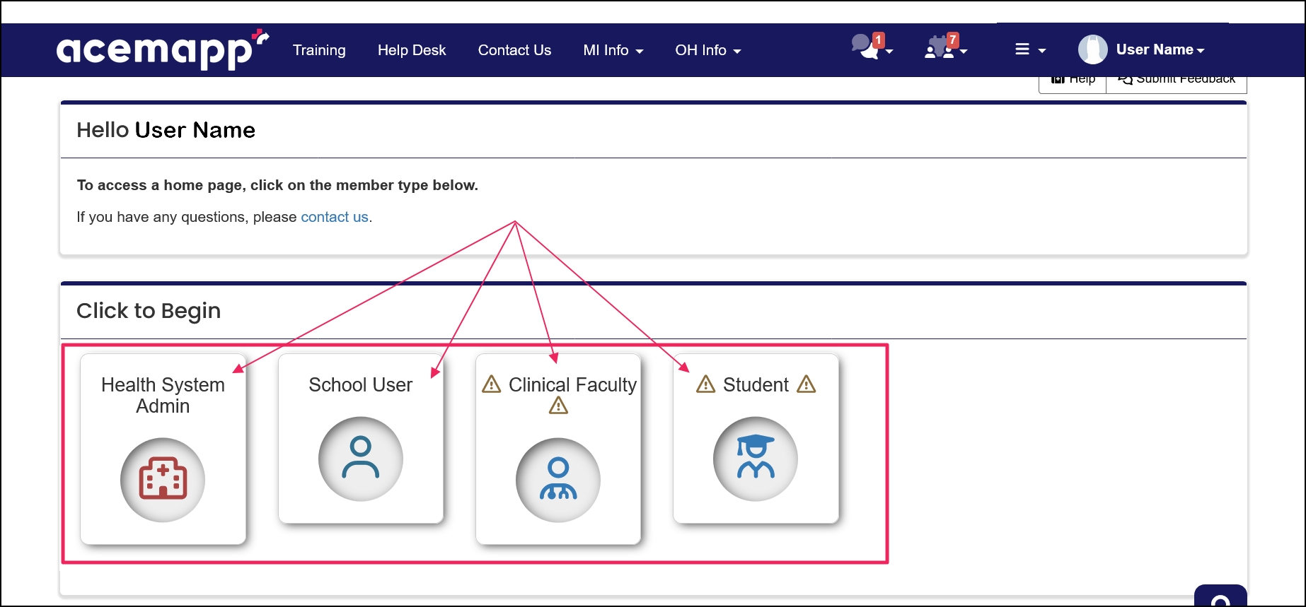 Central dashboard highlighting icons
