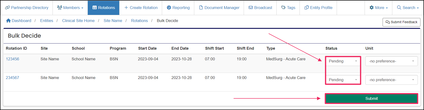 Bulk decide page highlighting Status selector and Submit button.