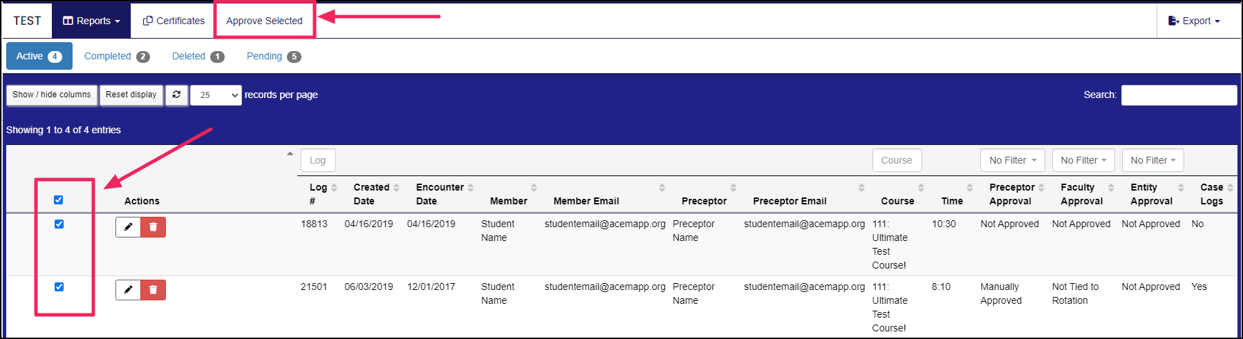 Time log table highlighting select all time logs and approve selected button.