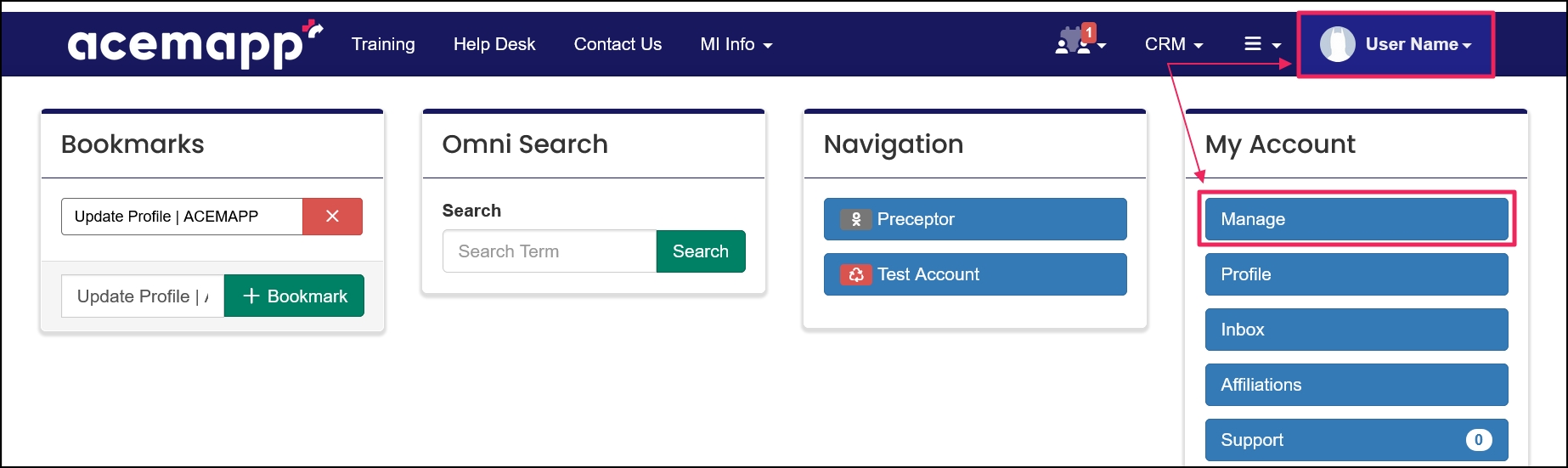 Manage tab under Name drop-down.