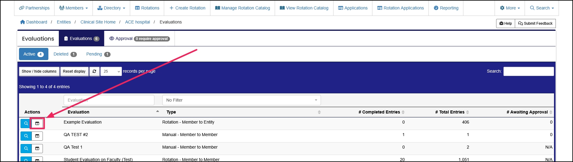 Evaluations table highlighting Reports button.