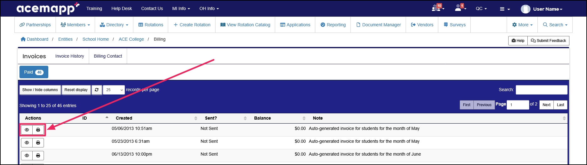 Invoices table highlighting view and print buttons.