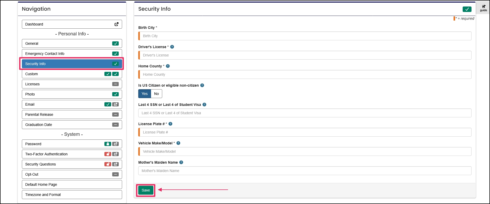 Security info tab in profile with green save button.