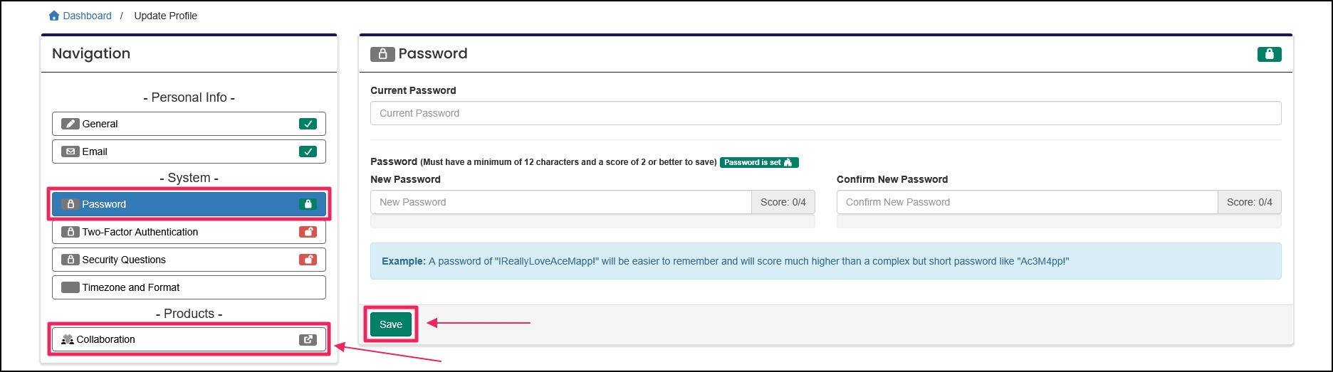 Password tab with save button and return to Collaboration button.