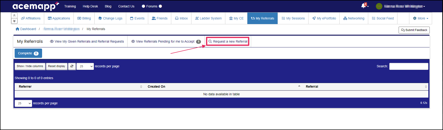 My Referrals page highlighting Request a New Referral button.
