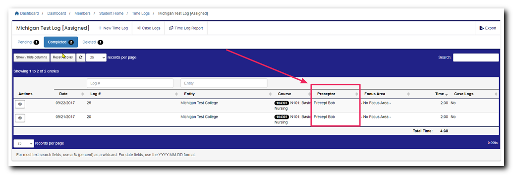 Time log table highlighting Preceptor column.