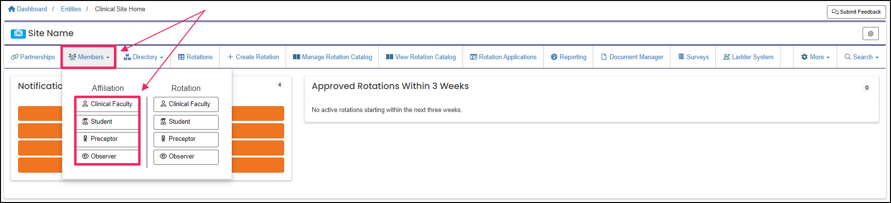 User home page highlighting member button on nav-bar and member column in dropdown.