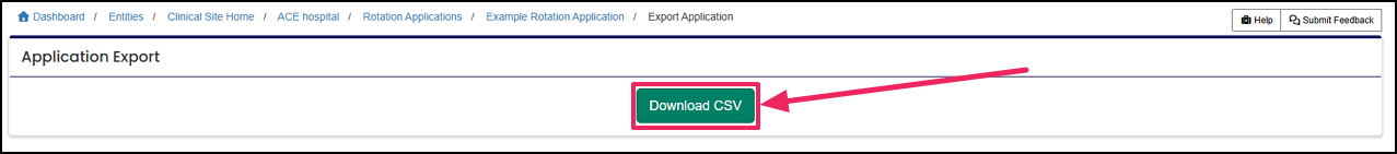 Application Export Download CSV button.