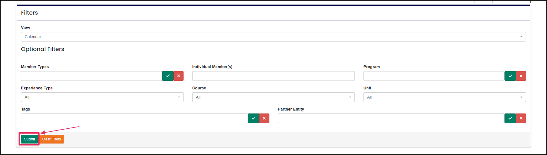 Schedule Report filters panel highlighting Submit button.