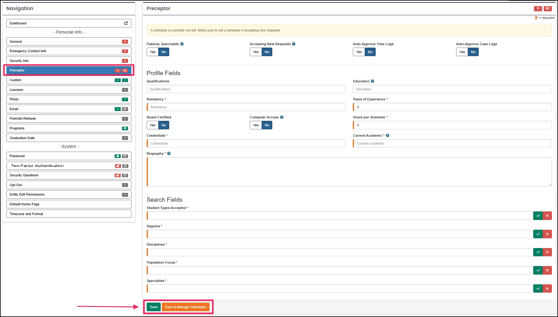 Preceptor tab with 'Save' and 'Save & Manage Schedules' buttons highlighted.