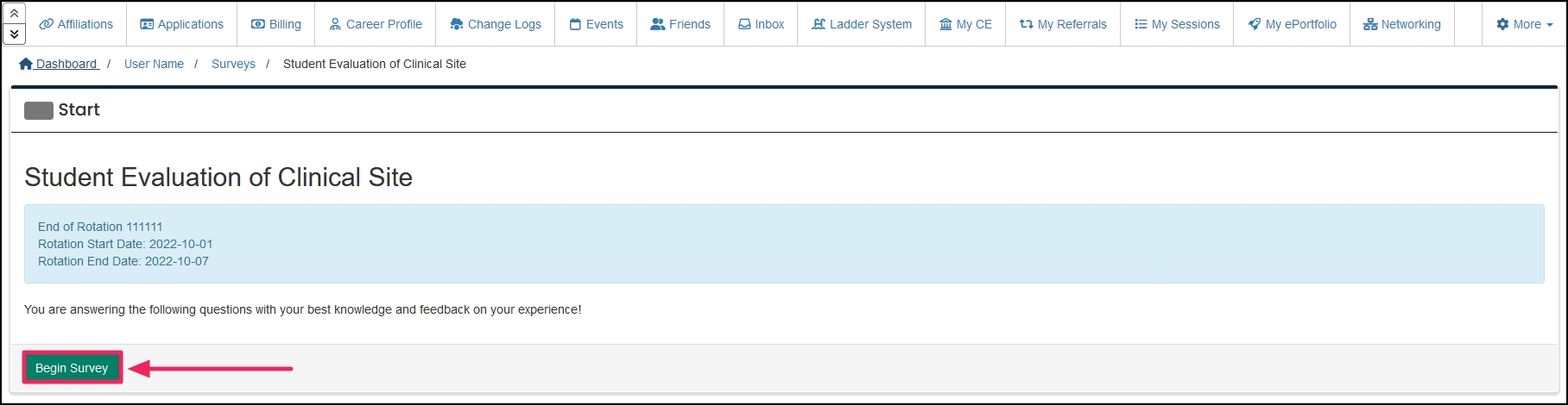Screenshot highlighting begin survey button.