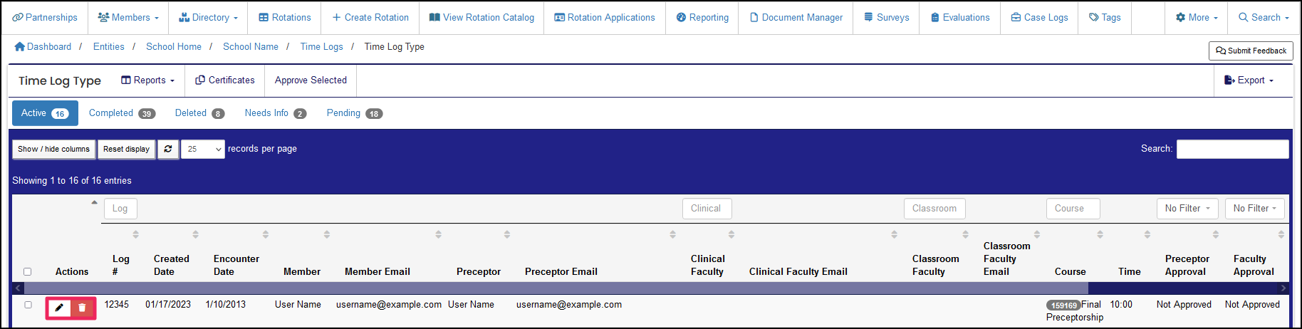 Time log table highlighting the action icons.