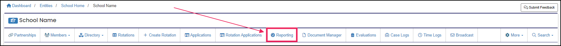 User home screen nav-bar highlighting Reporting button.