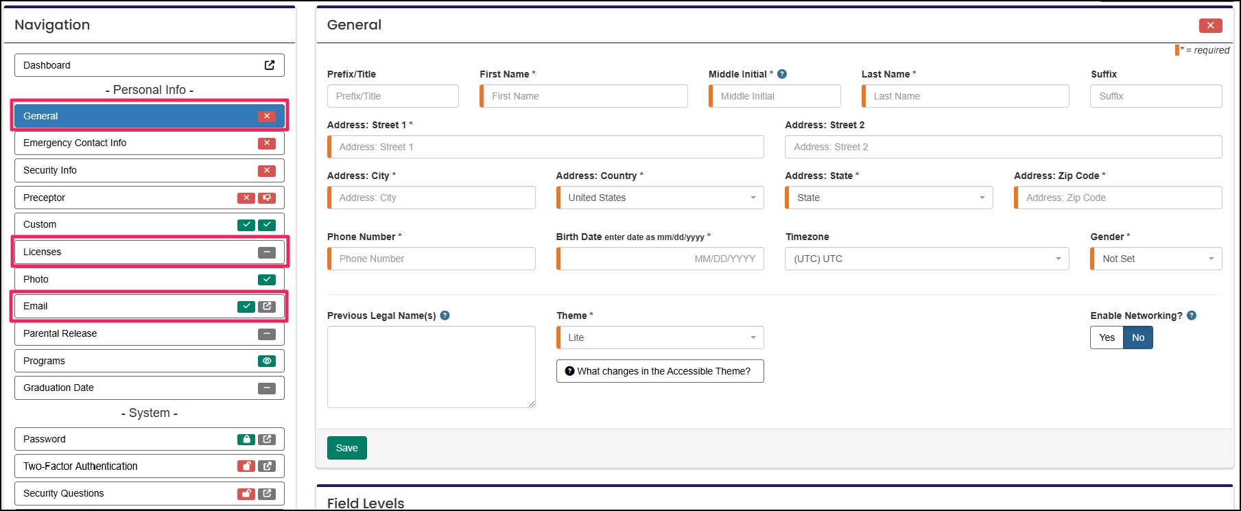 Profile navigation with tabs showing incomplete (red X), complete (green check), and optional (grey dash) indicators.