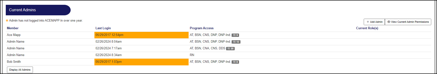Snapshot Current admins section example.